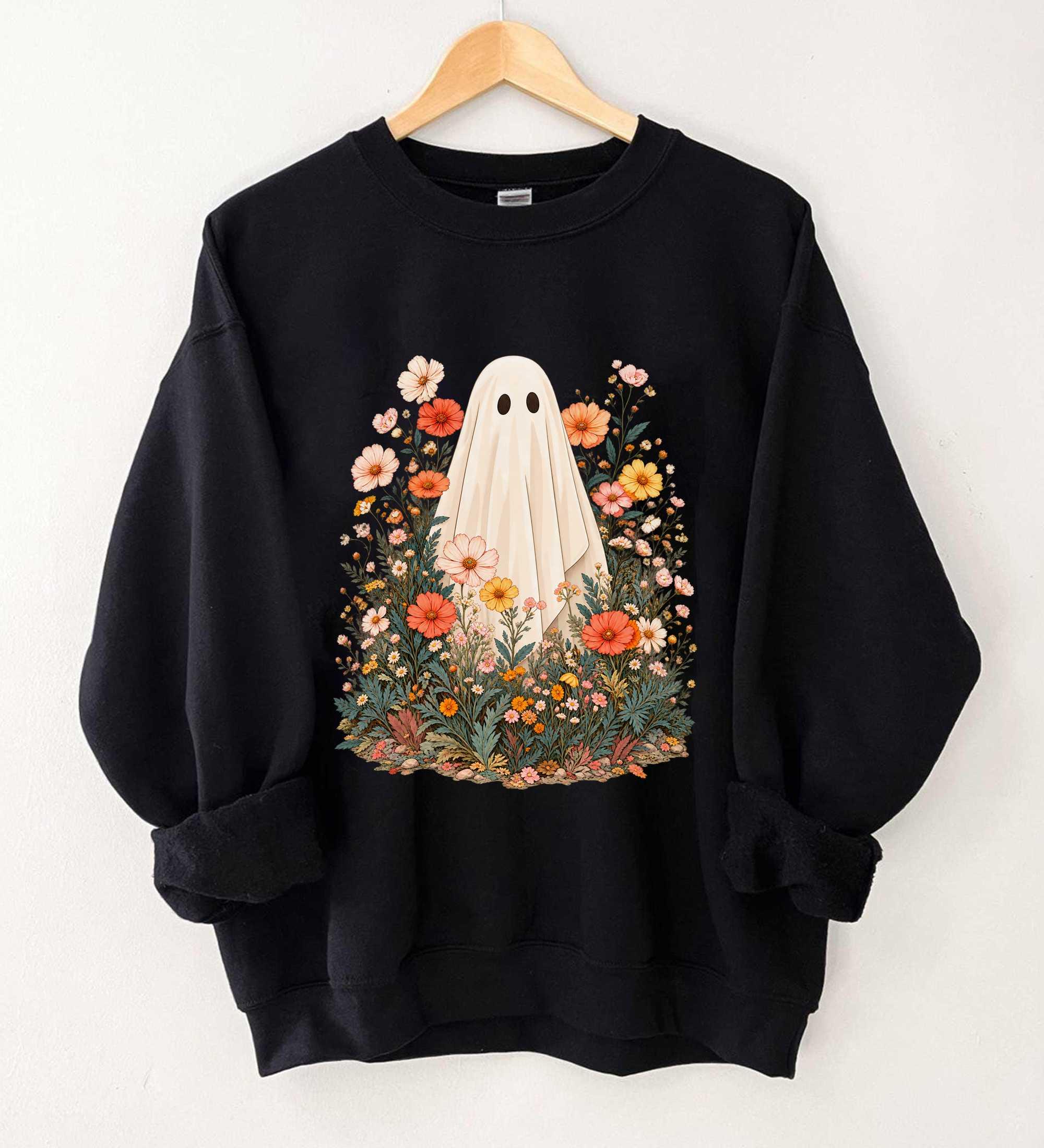 Floral Ghost Halloween Sweatshirt Cottagecore Spooky Botanical Graphic Gift