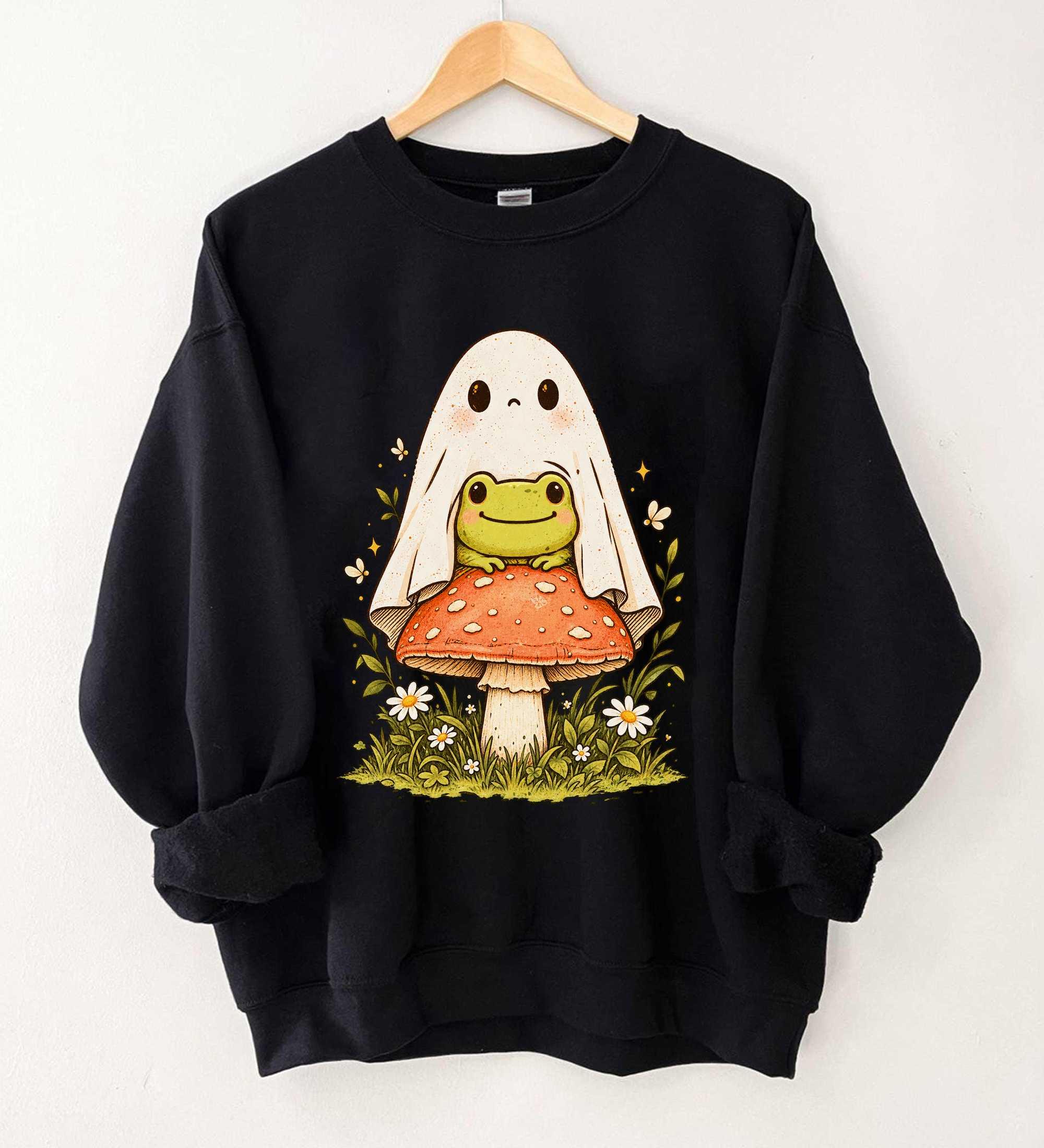 Frog Ghost Halloween Sweatshirt Cute Cottagecore Graphic Frog Lover Gift